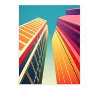 Wee Blue Coo Wall Art Print City Life Skyscraper Graphic Design Painting Orange Purple Blue Skyline with Clear Sky Poster | Size: W12" x H16" Wee Blue Coo Multicolor W12" x H16"