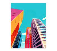 Wee Blue Coo Wall Art Print City Living Skyscraper Graphic Design Orange Purple Blue Skyline with Clear Sky Poster | Size: W12" x H16" Wee Blue Coo Multicolor W12" x H16"