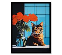 Wall Art Print Don't Swipe Right Tabby Cat Red Roses Living Room Framed Wee Blue Coo Blue A4