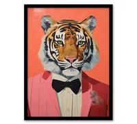 Wee Blue Coo Wall Art Print Dressed To Kill Tiger Animal Portrait Living Room Framed in Pink | Size: A4 Wee Blue Coo Pink A4