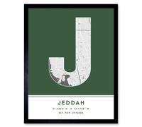 Wee Blue Coo Wall Art Print Jeddah Saudi Arabia City Map Modern Typography Stylish Letter Framed Word in Green | Size: W12" x H16" Wee Blue Coo Green W12" x H16"