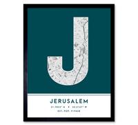 Wee Blue Coo Wall Art Print Jerusalem Israel City Map Modern Typography Stylish Letter Framed Word in Teal | Size: W12" x H16" Wee Blue Coo Teal W12" x H16"