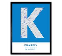 Wee Blue Coo Wall Art Print Kharkiv Ukraine City Map Modern Typography Stylish Letter Framed Word in Blue | Size: W12" x H16" Wee Blue Coo Blue W12" x H16"