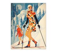 Wee Blue Coo Wall Art Print Klosters Chic Fashion Skier Women Going Down Slopes Orange Blue Bright Retro Oil Painting Poster | Size: W24" x H32" Wee Blue Coo Blue W24" x H32"