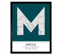 Wee Blue Coo Wall Art Print Mecca Saudi Arabia City Map Modern Typography Stylish Letter Framed Word in Teal | Size: W12" x H16" Wee Blue Coo Teal W12" x H16"