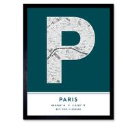 Wee Blue Coo Wall Art Print Paris France City Map Modern Typography Stylish Letter Framed Word in Teal | Size: W12" x H16" Wee Blue Coo Teal W12" x H16"