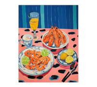 Wee Blue Coo Wall Art Print Party Shrimp Oil Painting Yellow Pink Blue Dinner Served on Leopard Table Poster | Size: W24" x H32" Wee Blue Coo Multicolor W24" x H32"