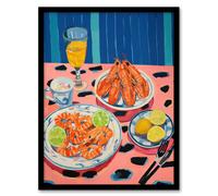 Wee Blue Coo Wall Art Print Party Shrimp Oil Painting Yellow Pink Blue Dinner Served on Leopard Table Art Framed | Size: A4 Wee Blue Coo Multicolor A4