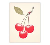 Wee Blue Coo Wall Art Print Red Smudge Cherries on Stem with Leaf Bright Pink Alabaster Green Retro Kitchen Painting Poster | Size: W12" x H16" Wee Blue Coo Red W12" x H16"