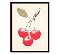 Wee Blue Coo Wall Art Print Red Smudge Cherries on Stem with Leaf Bright Pink Alabaster Green Retro Kitchen Painting Art Framed | Size: A4 Wee Blue Coo Red A4