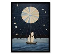 Wee Blue Coo Wall Art Print Sailing Into The Moonlight Boat in Full Moon Seascape Blue Tan Oil Painting Art Framed in Dark Blue | Size: A4 Wee Blue Coo Dark Blue A4
