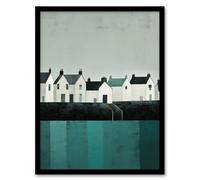 Wee Blue Coo Wall Art Print Scottish Harbour Morning Grey Sky Quiet Sea Town Teal Blue Grey Oil Painting Art Framed | Size: A4 Wee Blue Coo Grey A4