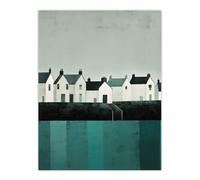Wee Blue Coo Wall Art Print Scottish Harbour Morning Grey Sky Quiet Sea Town Teal Blue Grey Oil Painting Poster | Size: W24" x H32" Wee Blue Coo Grey W24" x H32"