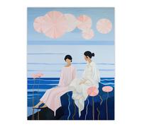 Wee Blue Coo Wall Art Print Seashore Chat Women Sharing Secrets with the Sea Blue Pink Surreal Seascape Oil Painting Poster | Size: W24" x H32" Wee Blue Coo Blue W24" x H32"