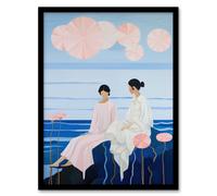 Wee Blue Coo Wall Art Print Seashore Chat Women Sharing Secrets with the Sea Blue Pink Surreal Seascape Oil Painting Art Framed | Size: A4 Wee Blue Coo Blue A4