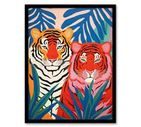 Wee Blue Coo Wall Art Print Seeing Red Tigers Waiting to Pounce Behind Plants Bold Orange Blue Vibrant Painting Art Framed | Size: W12" x H16" Wee Blue Coo Multicolor W12" x H16"