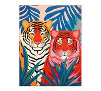Wee Blue Coo Wall Art Print Seeing Red Tigers Waiting to Pounce Behind Plants Bold Orange Blue Vibrant Painting Poster | Size: W12" x H16" Wee Blue Coo Multicolor W12" x H16"