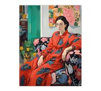 Wee Blue Coo Wall Art Print Serious Pattern Clasher Woman Lounge Posing for Portrait Red Green Blue Oil Painting Poster | Size: W18" x H24" Wee Blue Coo Multicolor W18" x H24"