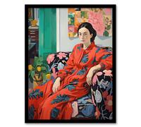 Wee Blue Coo Wall Art Print Serious Pattern Clasher Woman Lounge Posing for Portrait Red Green Blue Oil Painting Art Framed | Size: W12" x H16" Wee Blue Coo Multicolor W12" x H16"