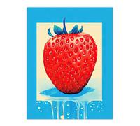 Wee Blue Coo Single Strawberry Fruit in Ice Frame Vibrant Blue Red Painting Unframed Wall Art Print Poster Home Decor Premium