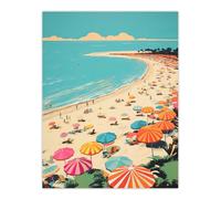 Wee Blue Coo Wall Art Print Sun Sand Sea Cove Busy Beach Coastal Landscape Aqua Orange Pink Bright Painting Poster in Blue | Size: W24" x H32" Wee Blue Coo Blue W24" x H32"