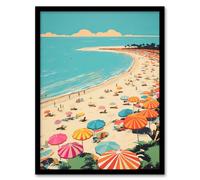 Wee Blue Coo Wall Art Print Sun Sand Sea Cove Busy Beach Coastal Landscape Aqua Orange Pink Bright Painting Art Framed in Blue | Size: A4 Wee Blue Coo Blue A4