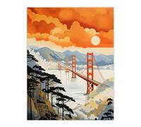 Wee Blue Coo Wall Art Print Sunset San Francisco Oakland Bay Bridge Amber Orange Blue Pastel Colour Painting Poster | Size: W12" x H16" Wee Blue Coo Orange W12" x H16"