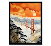 Wee Blue Coo Wall Art Print Sunset San Francisco Oakland Bay Bridge Amber Orange Blue Pastel Colour Painting Art Framed | Size: A4 Wee Blue Coo Orange A4