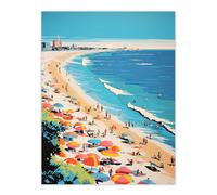 Wee Blue Coo Wall Art Print Surf Sand Sea & Sunshine Busy Beach Coastal Landscape Orange Pink Blue Graphic Painting Poster | Size: W24" x H32" Wee Blue Coo Blue W24" x H32"