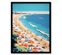 Wee Blue Coo Wall Art Print Surf Sand Sea & Sunshine Busy Beach Coastal Landscape Orange Pink Blue Graphic Painting Art Framed | Size: A4 Wee Blue Coo Blue A4