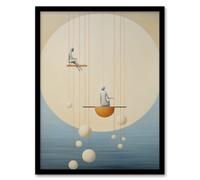 Wee Blue Coo Wall Art Print The Night Shift Hanging the Moon & Stars Pastel Colour Tan Blue Conceptual Oil Painting Art Framed in Beige | Size: A4 Wee Blue Coo Beige A4