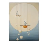 Wee Blue Coo Wall Art Print The Night Shift Hanging the Moon & Stars Pastel Colour Tan Blue Conceptual Oil Painting Poster | Size: W12" x H16" Wee Blue Coo Beige W12" x H16"