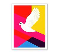 Wee Blue Coo White Peace Dove Vibrant Colourful Geometric Multi Colour Graphic Design Artwork Framed Wall Art Print 18X24 Inch