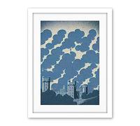 Wee Blue Coo Windsor Castle With Cloudy Sky Lithograph Illustration In Blue Artwork Framed Wall Art Print 18X24 Inch