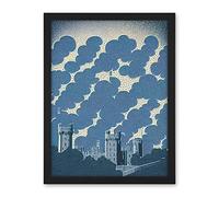 Wee Blue Coo Windsor Castle with Cloudy Sky Lithograph Illustration in Blue Artwork Framed Wall Art Print 18X24 Inch