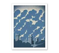 Wee Blue Coo Windsor Castle with Cloudy Sky Lithograph Illustration in Blue Artwork Framed Wall Art Print 18X24 Inch