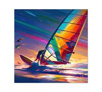 Wee Blue Coo Windsurfer Windsurfing Retro Vibrant Multicoloured Bright Watercolour Water Sport Large Wall Art Poster Print Thick Paper 24X24 Inch