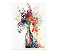 Wee Blue Coo Wine Bottle Flowers Watercolour Painting Orange Pink Purple Spring Flower Blooms Large Wall Art Poster Print Thick Paper 18X24 Inch