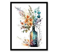 Wee Blue Coo Wine Bottle Wildflowers Watercolour Painting Orange Blue Purple Spring Flower Blooms Artwork Framed Wall Art Print A4