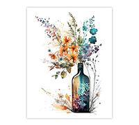Wee Blue Coo Wine Bottle Wildflowers Watercolour Painting Orange Blue Purple Spring Flower Blooms Large Wall Art Poster Print Thick Paper 18X24 Inch