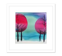 Wee Blue Coo Winter Forest Tree Landscape Japanese Inspired Modern Abstract Watercolour Painting Turquoise Pink Purple Square Wooden Framed Wall Art Print Picture 9X9 Inch