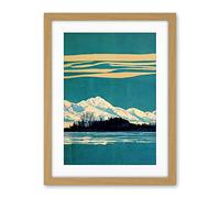 Wee Blue Coo Winter Lakeside Landscape With Snowy Mountains Duotone Teal Artwork Framed Wall Art Print 18X24 Inch