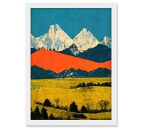 Wee Blue Coo Winter Mountains Landscape Modern Papercut Blue Orange Mustard Artwork Framed A3 Wall Art Print