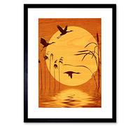 Wee Blue Coo Wood Silhouette Duck Heron Flying Sun Illustration Framed Art Print B12X9621