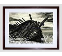 Wee Blue Coo Wooden Ship Wreck Beach Black White Picture Framed Wall Art Print