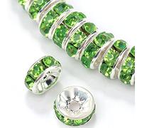 Weebee 100Pcs Rondelle Spacer Beads Crystal Charms Silver Plated Czech Rhinestone Loose Beads for Jewelry Making DIY Bracelets (Green, 6mm)