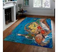 WEECHAINGE Abstract Still Life Fish & Fruit Machine Washable Large Rugs Living Room 90x150cm Non-slip Area Rugs Short Pile Eal Blue & Yellow Rug for Bedroom Hallway Kitchen Office