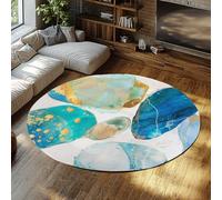WEECHAINGE Abstract Watercolor Stone Pattern Round Area Rug Teal Blue and Gold Art Circle Carpet Washable Non-slip Floor Mat for Nursery Decor 60cm