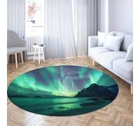 WEECHAINGE Aurora Borealis Round Nursery Rug Soft Washable Mat with Green Northern Lights Mountain Landscape Non Slip Carpet for Reading Nook Decor 80cm