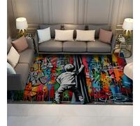 WEECHAINGE Banksy Style Street Graffiti Area Rug Little Boy Opened the Curtain Carpet Ideal for Entryway Living Room Bedroom Low Pile 120x170cm